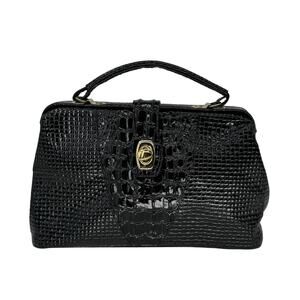 BPC Design VTG Leather Croco Doctor Bag Handbag Women Black Kiss Lock Elegant